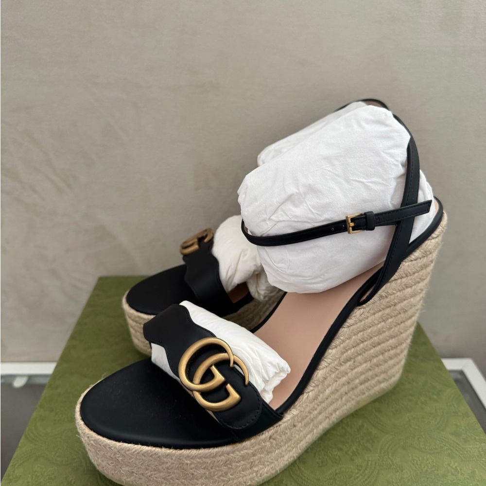 Gucci Lifford  Elegant Black Wedge/platform espadrille Sandals size 42 - Picture 4 of 9